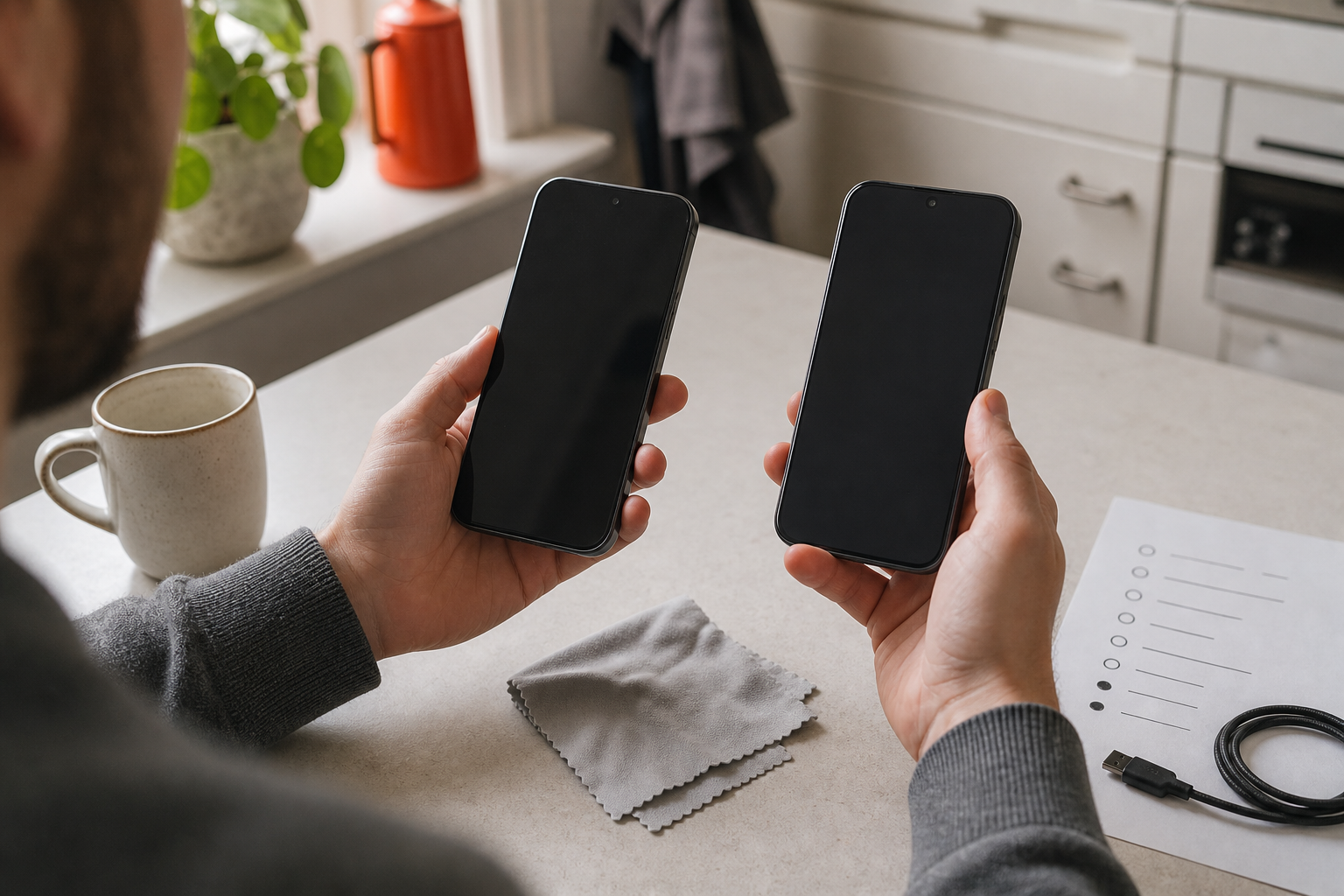 Een consument vergelijkt twee zwarte smartphones aan een lichte keukentafel