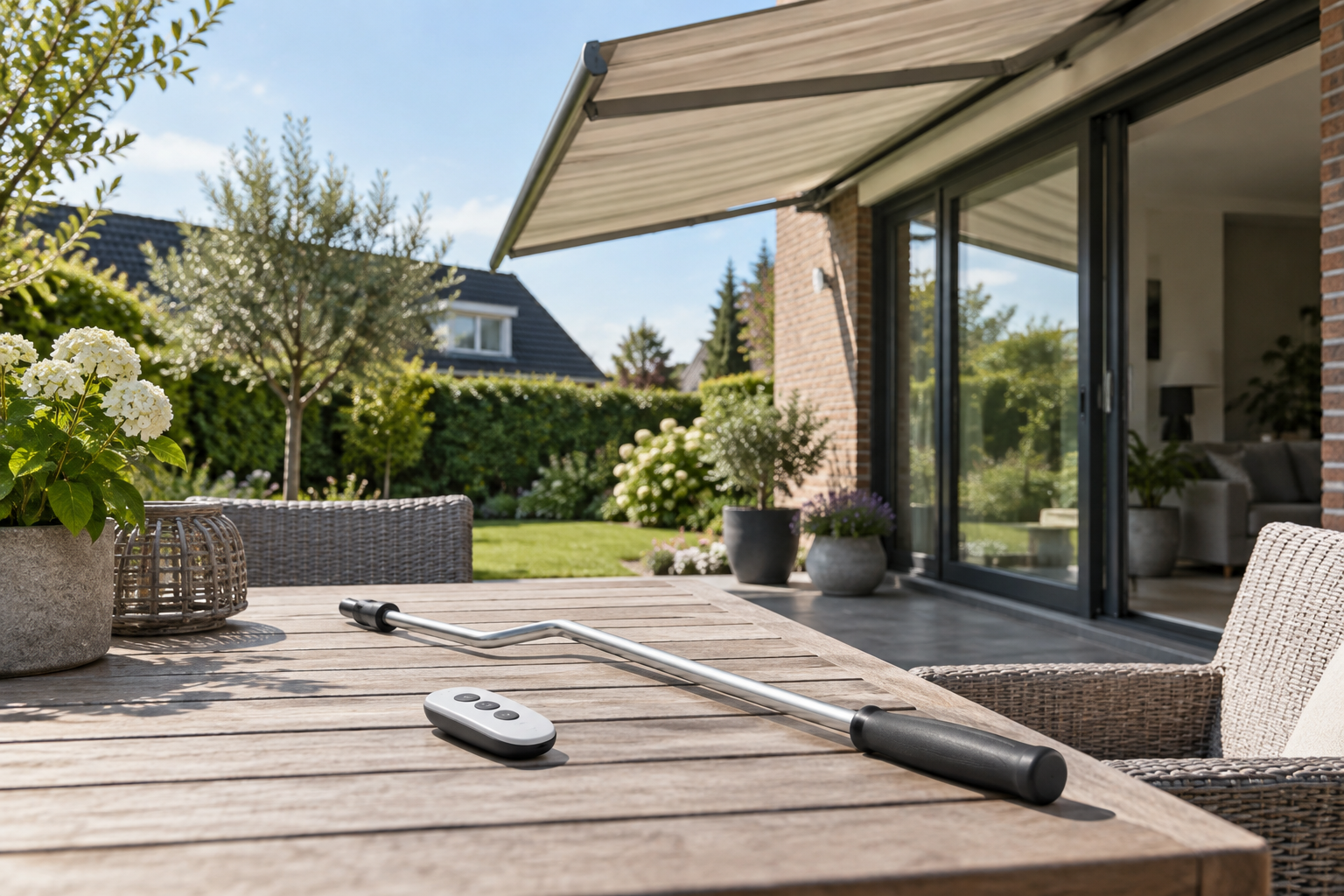 Illustratie: handmatige slinger en afstandsbediening op een tuintafel